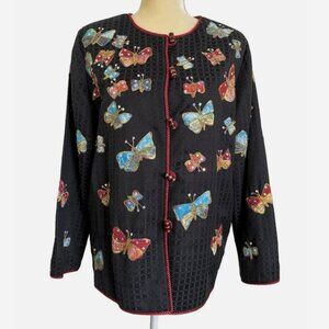 INDIGO MOON Butterfly Embellished Jacket Size Small Vintage Art To Wear Boho
